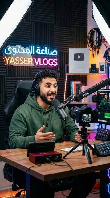 صانع محتوى عربي يسجل بودكاست في استوديو احترافي
