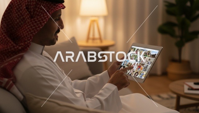 Saudi Man Using Tablet in Living Room at Night