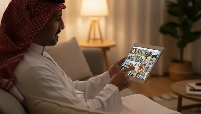 Saudi Man Using Tablet in Living Room at Night