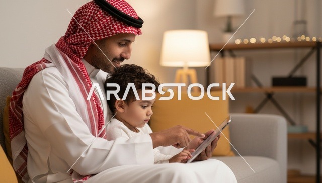 Saudi Father and Son Using Digital Tablet at Home