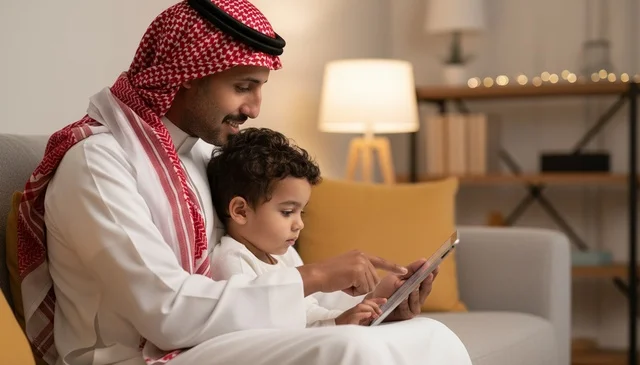 Saudi Father and Son Using Digital Tablet at Home