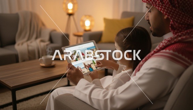 رجل سعودي وابنته يستخدمان الجهاز اللوحي في غرفة المعيشة