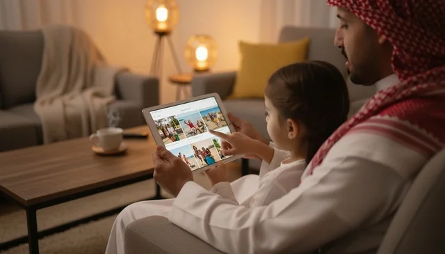 Saudi Father and Daughter Using Tablet in Living Room