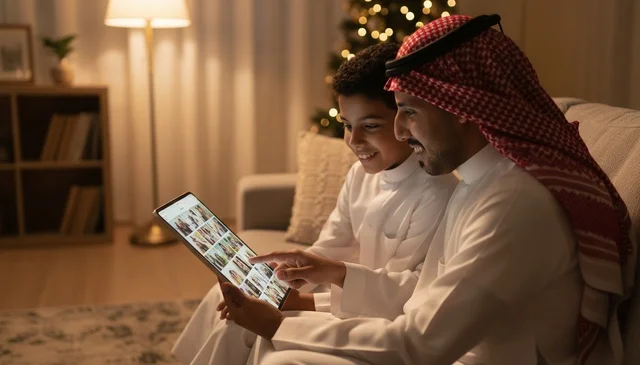 A Saudi father and his son are using a digital tablet at home.