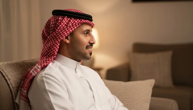 رجل سعودي بالثوب التقليدي يبتسم في المنزل
