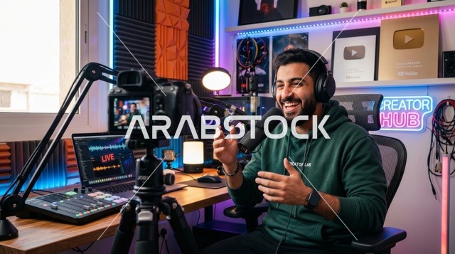 صانع محتوى عربي يسجل بودكاست في استوديو احترافي