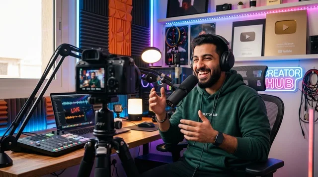 Arabic Content Creator Recording Podcast in Studio