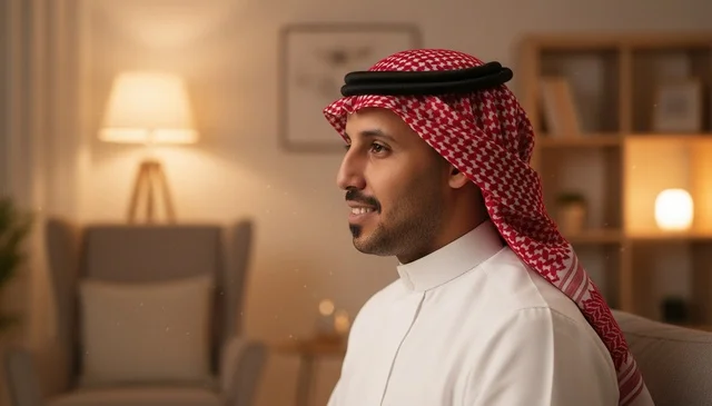 رجل سعودي بالثوب التقليدي يبتسم في المنزل