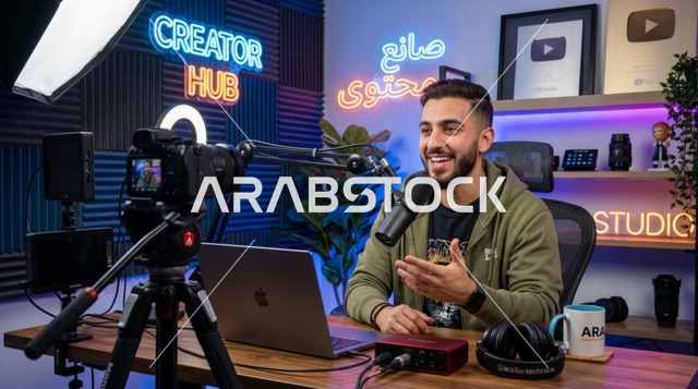 صانع محتوى عربي يسجل بودكاست في استوديو احترافي