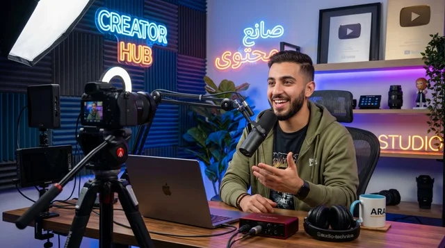 Arab Content Creator Recording Podcast in Professional Studio