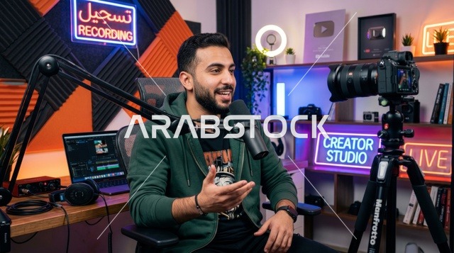 صانع محتوى عربي يسجل بودكاست في استوديو
