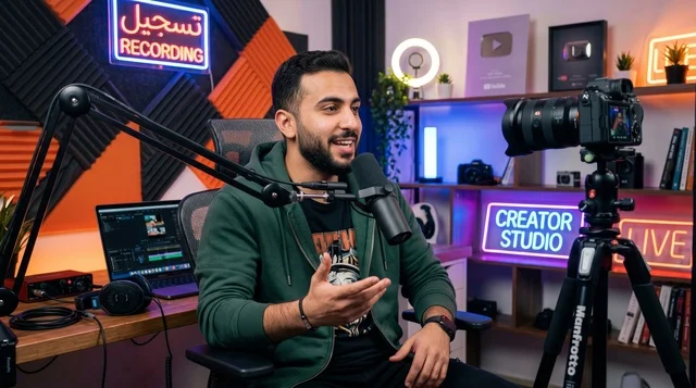 Arabic Content Creator Recording Podcast in Studio