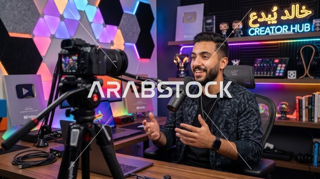 صانع محتوى عربي يسجل بودكاست في استوديو احترافي