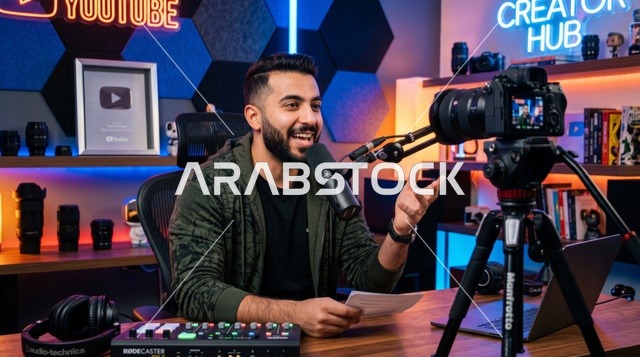 Arabic Content Creator Recording Podcast in Studio