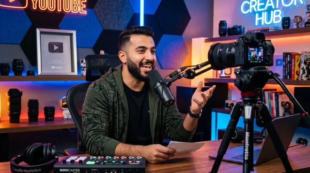 Arabic Content Creator Recording Podcast in Studio