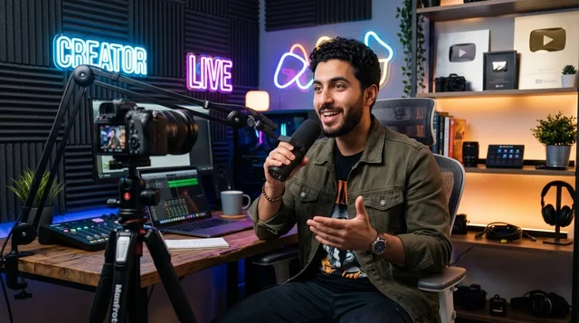 Arabic Content Creator Recording Podcast in Studio