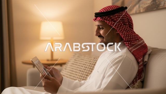 رجل سعودي يستخدم جهاز لوحي في المنزل