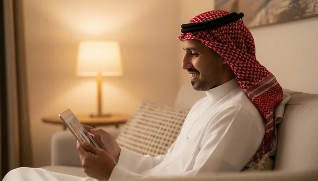 Saudi Man Using Digital Tablet at Home