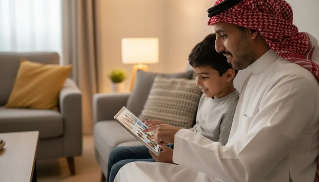 أب سعودي وابنه يستخدمان الجهاز اللوحي في المنزل أب سعودي وابنه يستخدمان الجهاز اللوحي في المنزل
