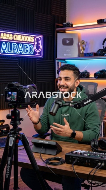 صانع محتوى عربي يسجل بودكاست في استوديو احترافي
