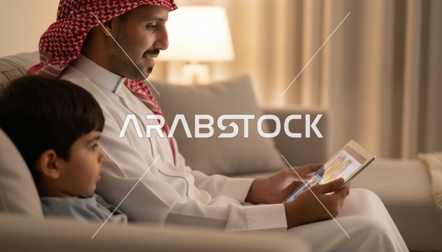 أب سعودي وطفله يستخدمان الجهاز اللوحي في المنزل