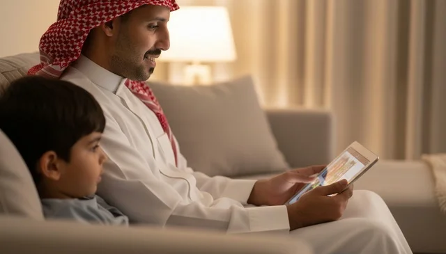 Saudi Father and Son Using Tablet in Living Room