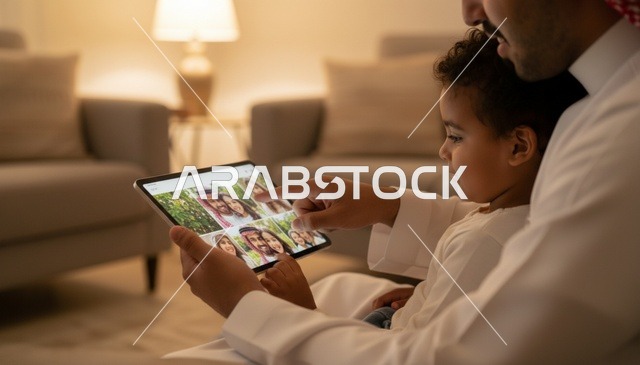 أب سعودي وابنه يستخدمان الجهاز اللوحي في المنزل