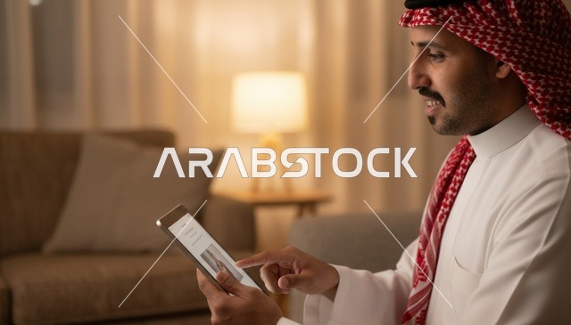 Saudi Man Using Digital Tablet Indoors at Night