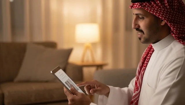 Saudi Man Using Digital Tablet Indoors at Night