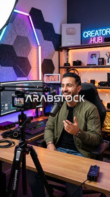 صانع محتوى عربي يسجل بودكاست في استوديو احترافي