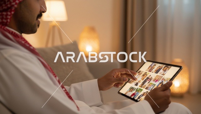 رجل سعودي يستخدم جهاز لوحي لتصفح صور عائلية