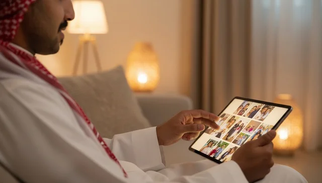 رجل سعودي يستخدم جهاز لوحي لتصفح صور عائلية