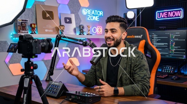 Arab Content Creator in Professional Podcast Studio