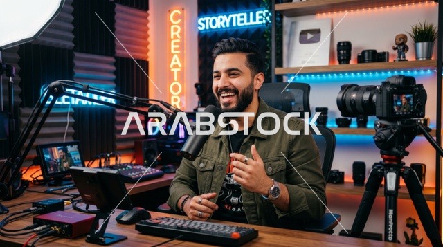 صانع محتوى عربي يسجل بودكاست في استوديو احترافي