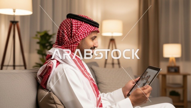 Saudi Man Using Tablet in Traditional Dress at Home