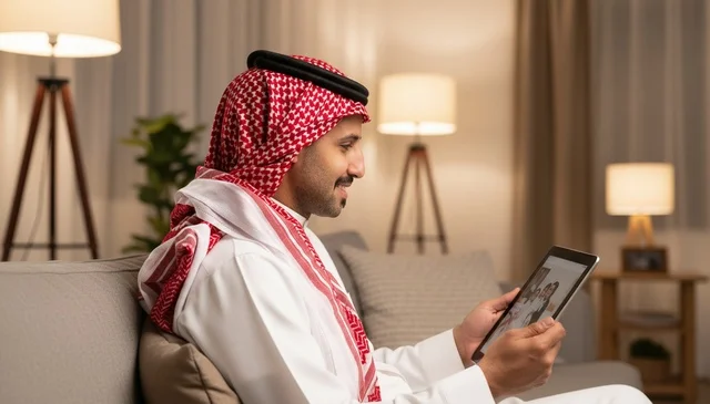 رجل سعودي يستخدم الجهاز اللوحي بالزي التقليدي
