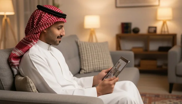 Saudi Man in Traditional Thobe Using Tablet at Home