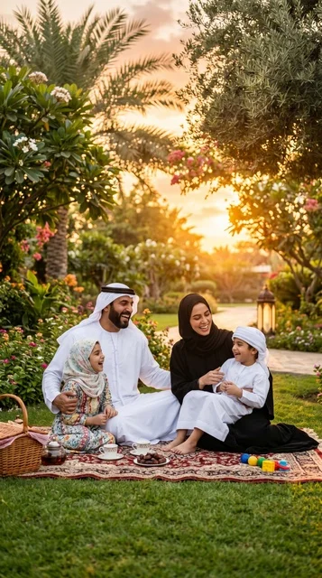 نزهة عائلة إماراتية في الحديقة الخضراء وقت غروب الشمس
