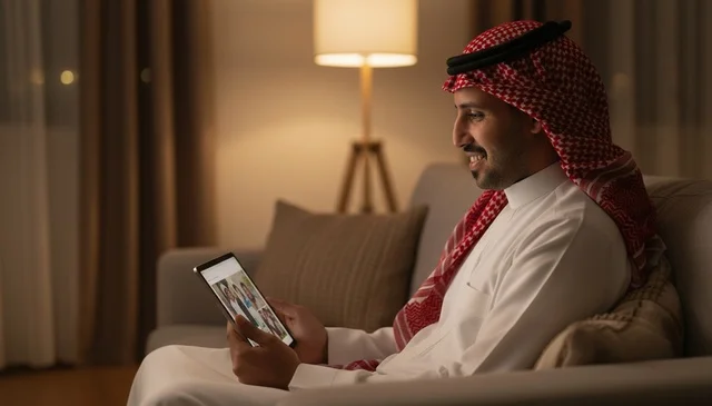 رجل سعودي باللباس التقليدي يستخدم جهازاً لوحياً