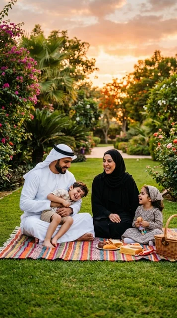 عائلة إماراتية في نزهة بالحديقة وقت الغروب
