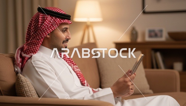 رجل سعودي بالثوب يستخدم الجهاز اللوحي في المنزل