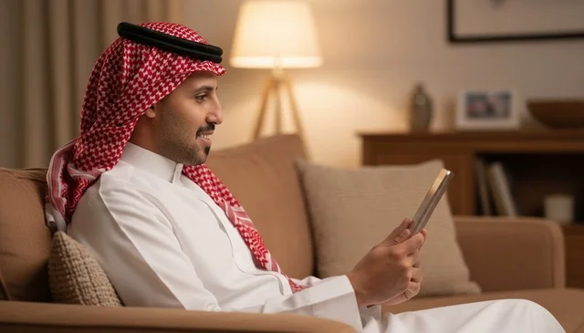 رجل سعودي بالثوب يستخدم الجهاز اللوحي في المنزل