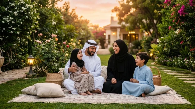 عائلة عربية في نزهة بالحديقة عند الغروب