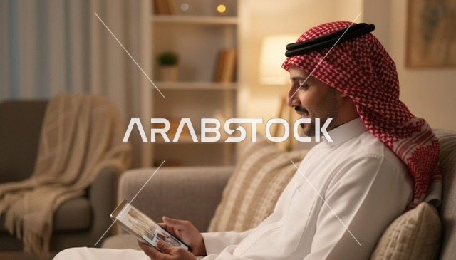 رجل سعودي بالثوب يستخدم جهاز لوحي في غرفة المعيشة