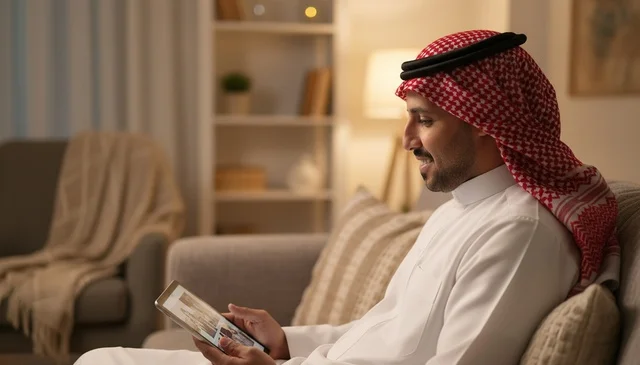 Saudi Man in Thobe Using Tablet in Living Room