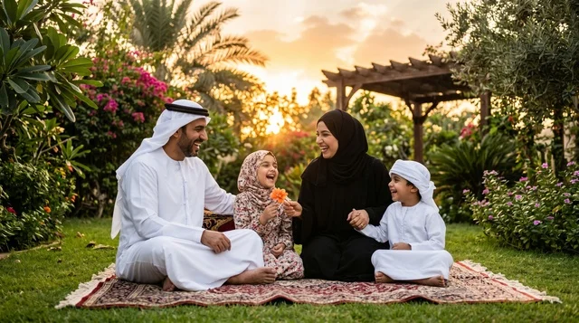 عائلة إماراتية في نزهة بالحديقة وقت الغروب