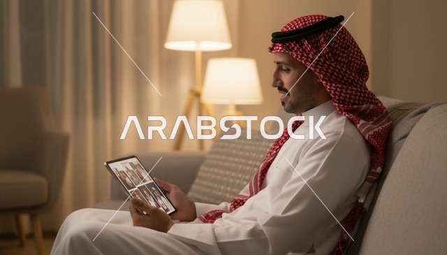 رجل سعودي يستخدم جهاز لوحي في غرفة المعيشة ليلاً