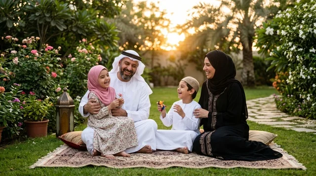 عائلة إماراتية في نزهة بالحديقة وقت الغروب