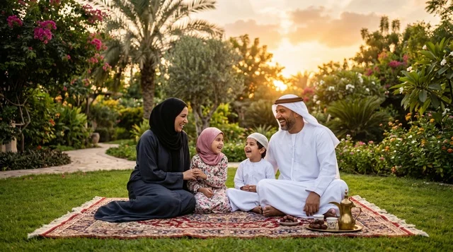 Happy Arab Family Picnic in Green Garden at Sunset