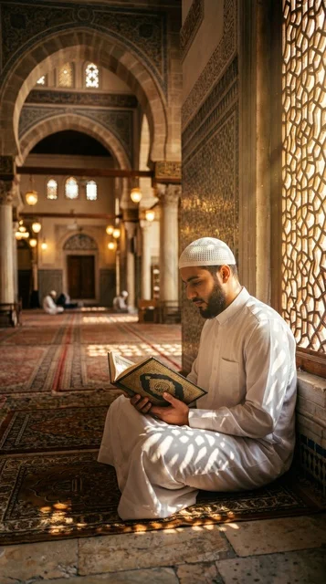 شاب مسلم يقرأ القرآن الكريم داخل المسجد